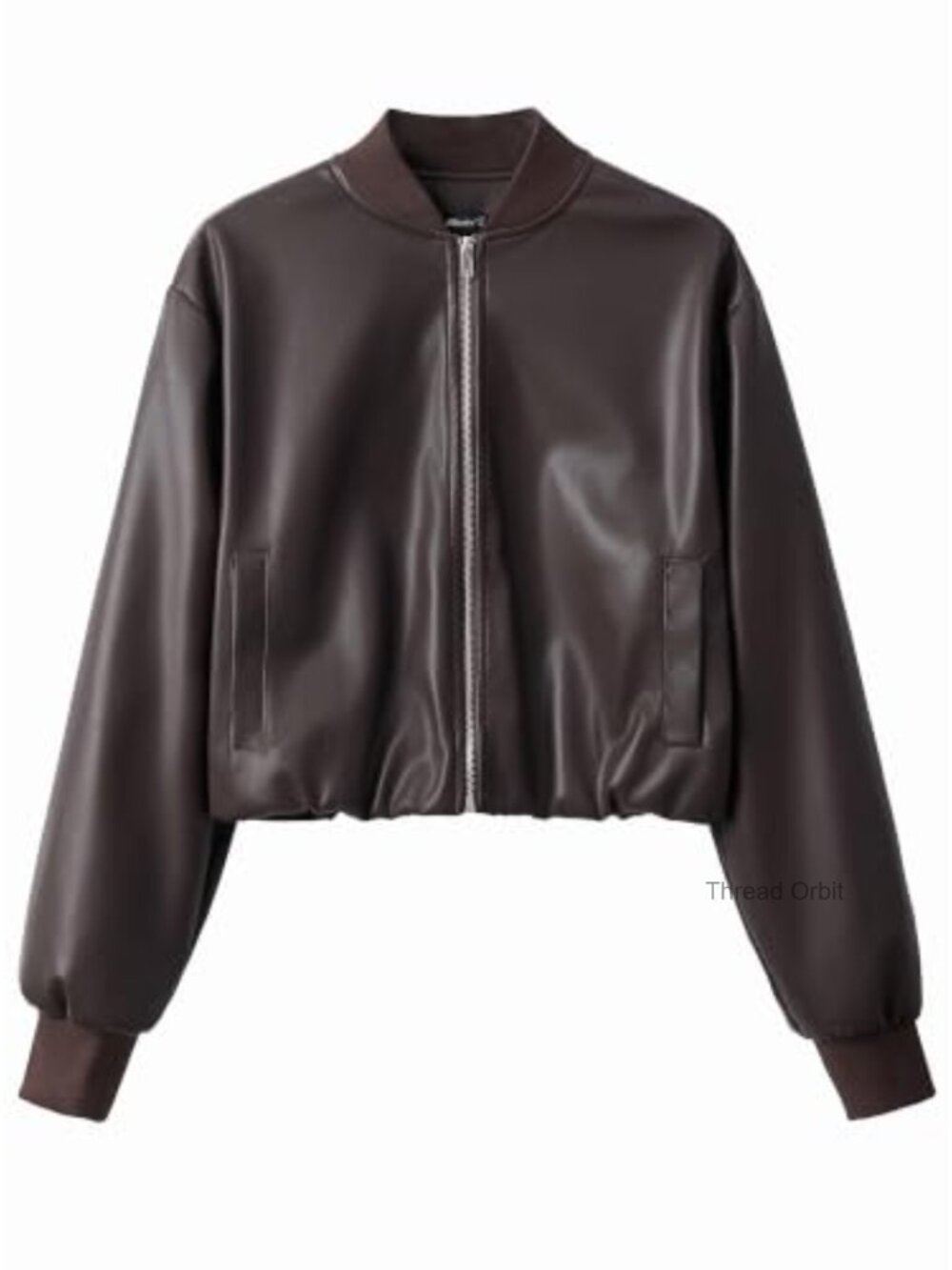 Women's Cropped Faux Leather Zip Up Baseball Jacket with Ribbed Cuffs